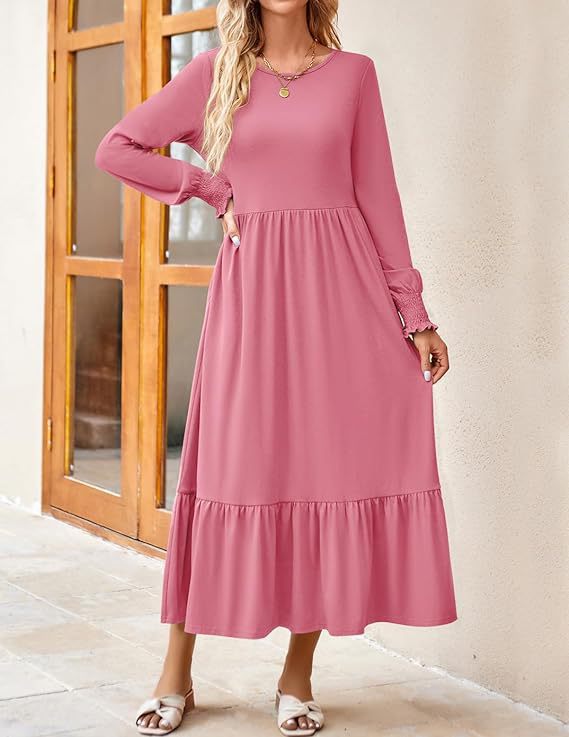 Women's Smocking Long Sleeve Round Neck Mid-length Dress Q2