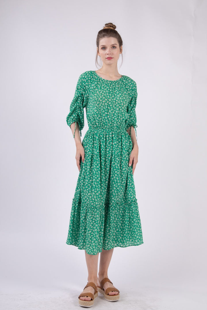 VERY J Printed Ruched Tiered Midi Dress Trendsi