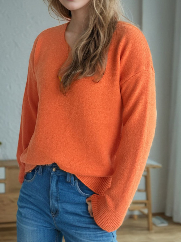 V-Neck Dropped Shoulder Long Sleeve Sweater Trendsi