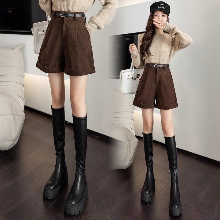 Brown Corduroy Shorts With Martin Boots For Women - Super Amazing Store