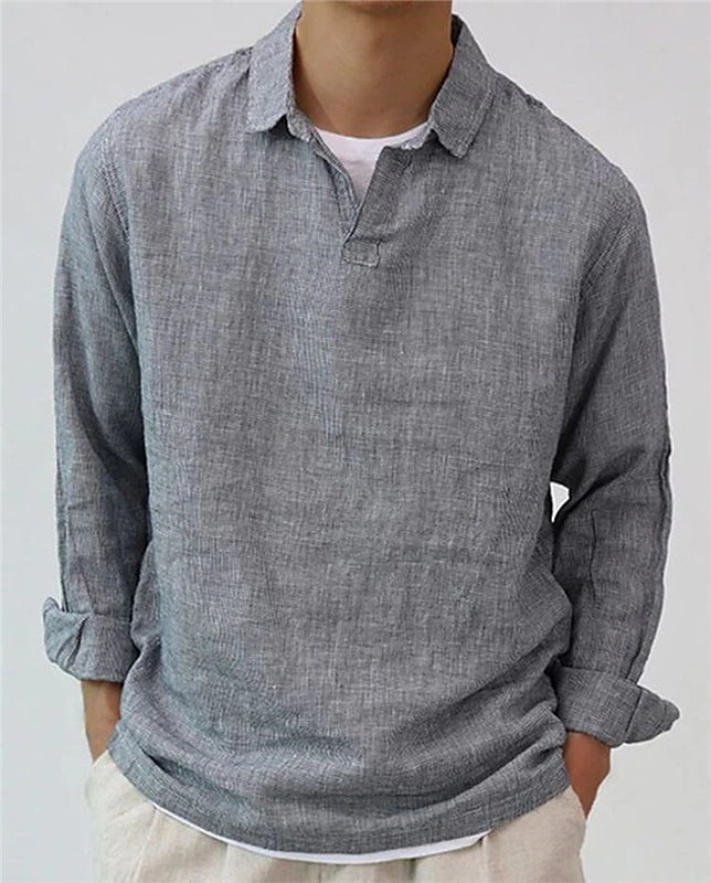 Men's Pullover Shirt Solid Color Long Sleeve Lapel Oversize Casual Top Tee Q2