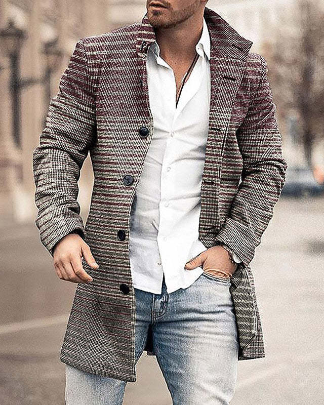 Autumn And Winter Men's Woolen Stand Collar Medium Long Pocket Casual Coat Q2