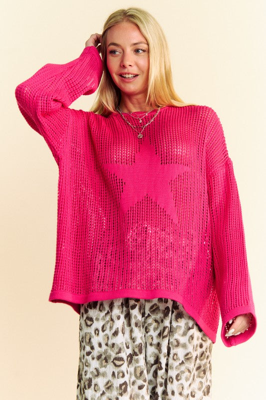 Davi & Dani Star Front Crochet Drop Shoulder Knit Top Trendsi