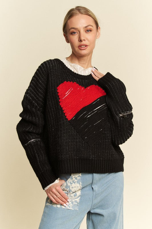 Davi & Dani Contrast Heart Dropped Shoulder Sweater Trendsi