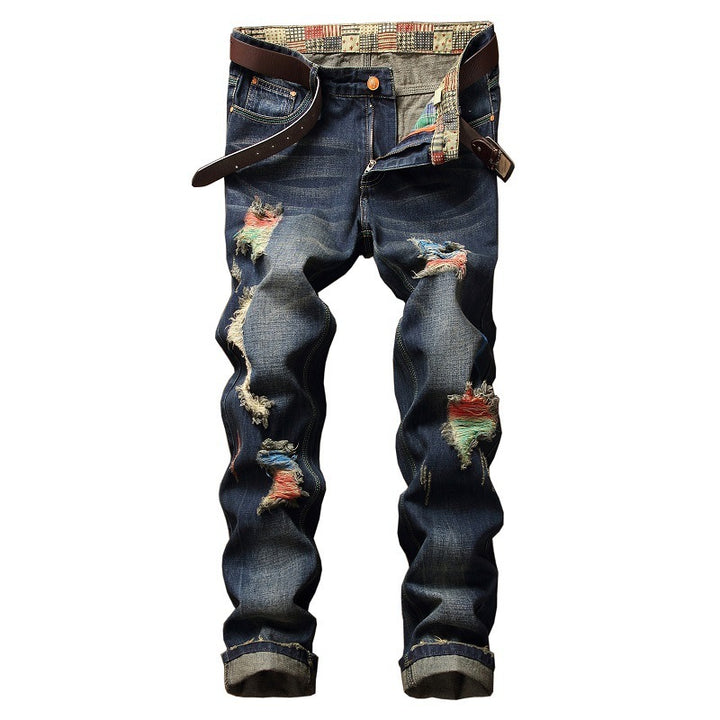 European and American street personality paint jeans men's hole straight jeans Q2