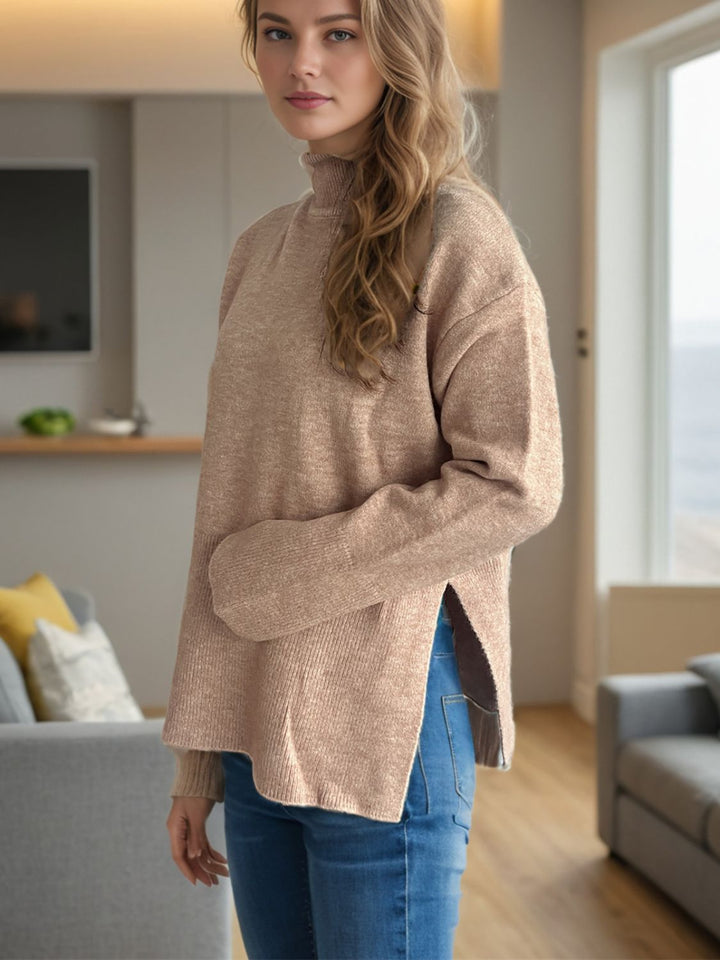 Side Slit Turtleneck Long Sleeve Sweater Trendsi