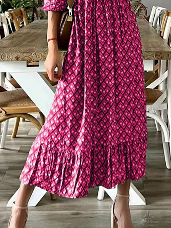 Smocked Printed V-Neck Midi Dress Trendsi