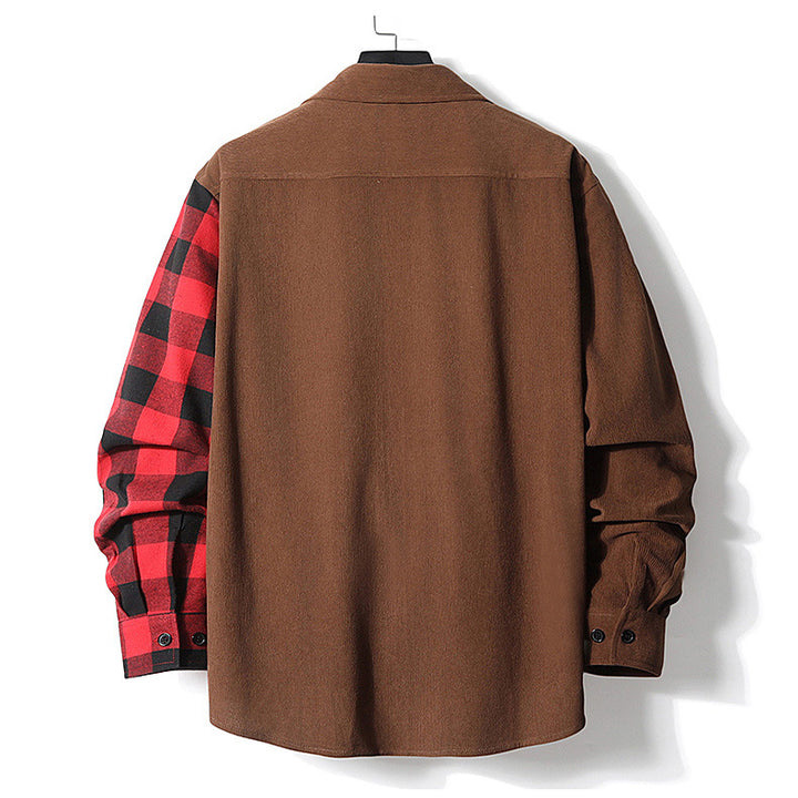 Casual Color-matching Plaid Shirt Autumn And Winter Corduroy Long-sleeved Lapel Shirt Q2