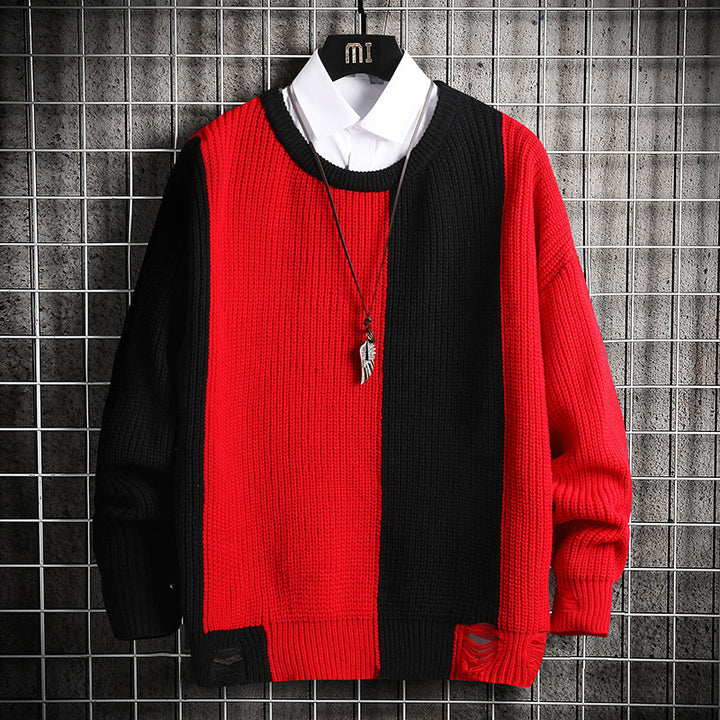 Contrast Stitching Round Neck Pullover Sweater - Super Amazing Store