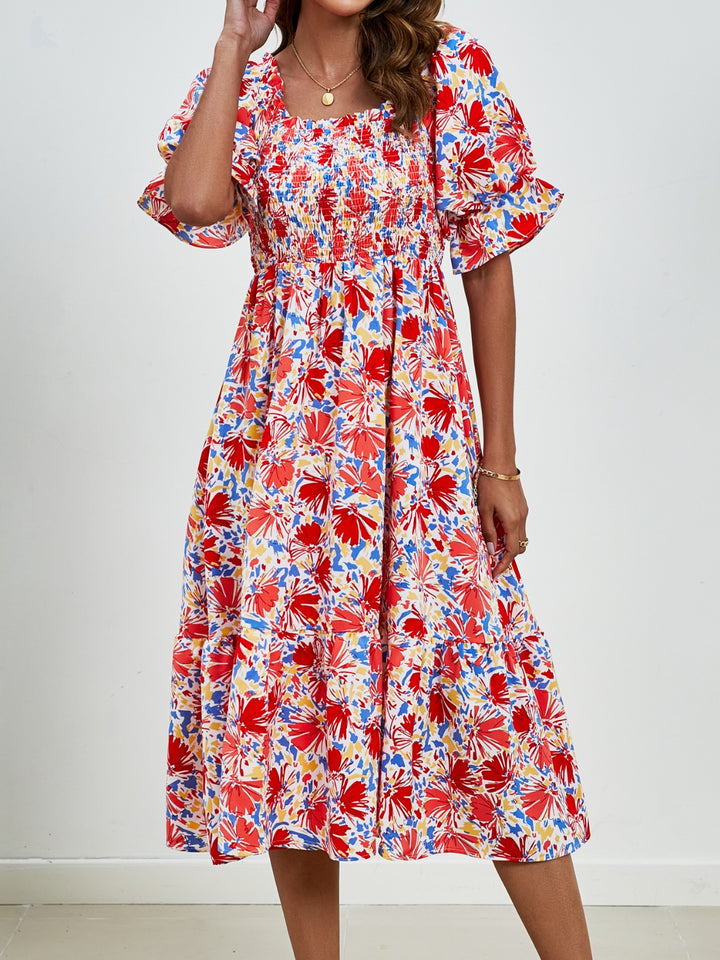 Smocked Floral Square Neck Short Sleeve Dress Trendsi