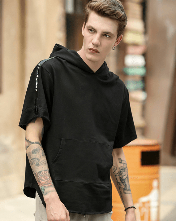 HZIJUE summer small hoodies fashion men hip hop hooded Oversized High quality long hem male T shirts street wear with a hat tops - Super Amazing Store