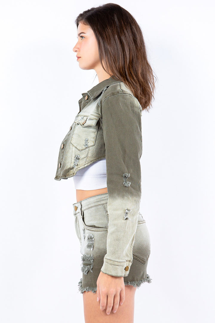 American Bazi Distressed Ombre Washed Cropped Denim Jacket Trendsi