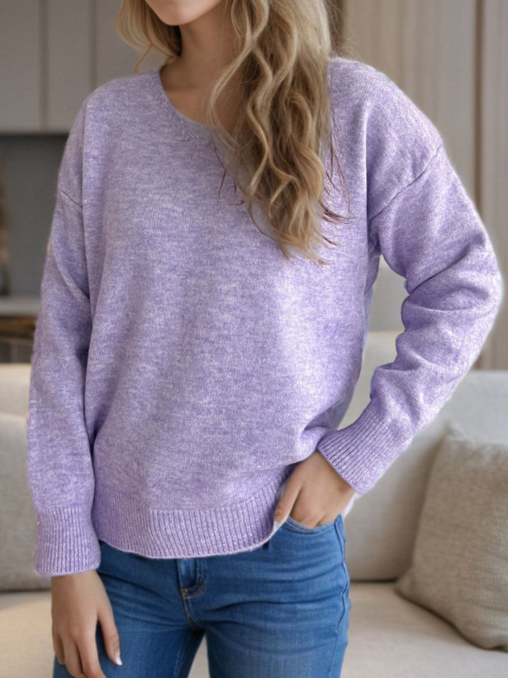 V-Neck Dropped Shoulder Long Sleeve Sweater Trendsi