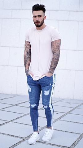 Ripped nostalgic jeans light blue zipper men's jeans-Super Amazing Store