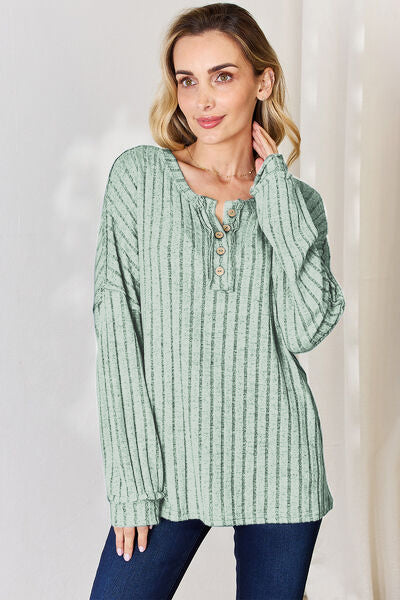 Basic Bae Full Size Ribbed Half Button Long Sleeve T-Shirt Trendsi