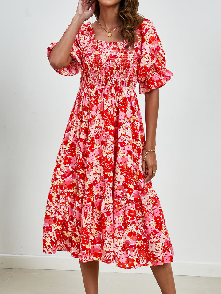 Smocked Floral Square Neck Short Sleeve Dress Trendsi