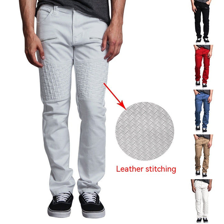 Casual Autumn Men's Personality Leather Stitching Thin Straight-leg Trousers Q2