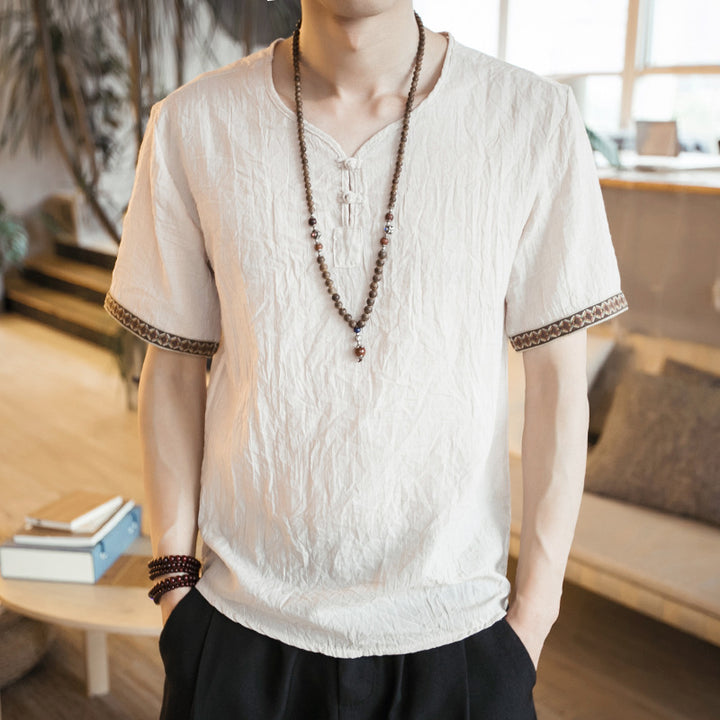 Chinese style embroidery buckle short sleeves Thin section linen casual large size short sleeve men's cotton and linen T-shirt - Super Amazing Store