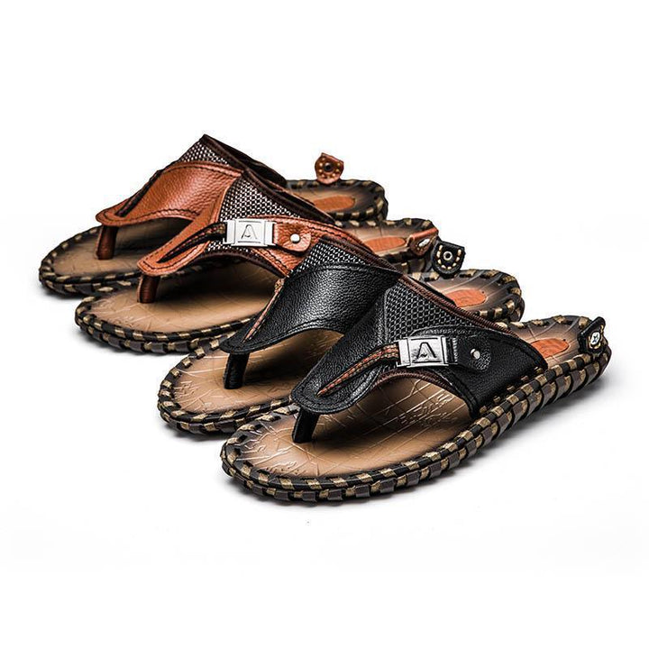 Men's casual leather slippers toe beach shoes leather sandals - Super Amazing Store