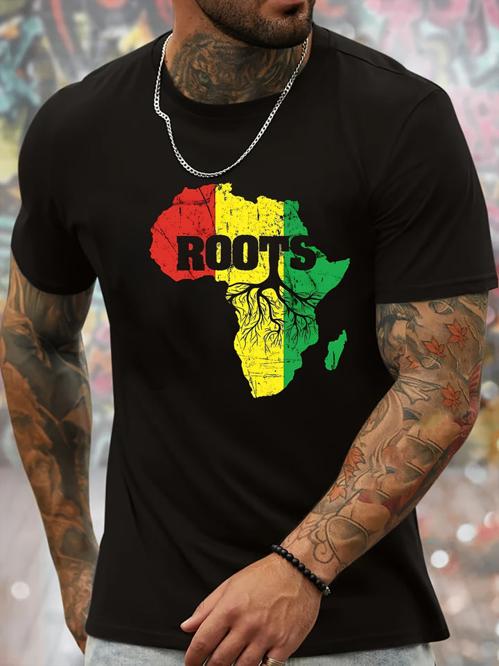 African Map Print, Men's Round Neck Short Sleeved Shirt, Minimalist Style T-shirt Fashion Regular Version, Spring And Summer Vacation Casual Vacation Men's Clothing Gift Super Amazing Store