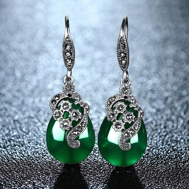 Vintage Thai Silver Earrings Female Green Agate - Super Amazing Store