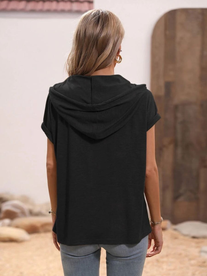 Half Button Hooded Short Sleeve Blouse Trendsi