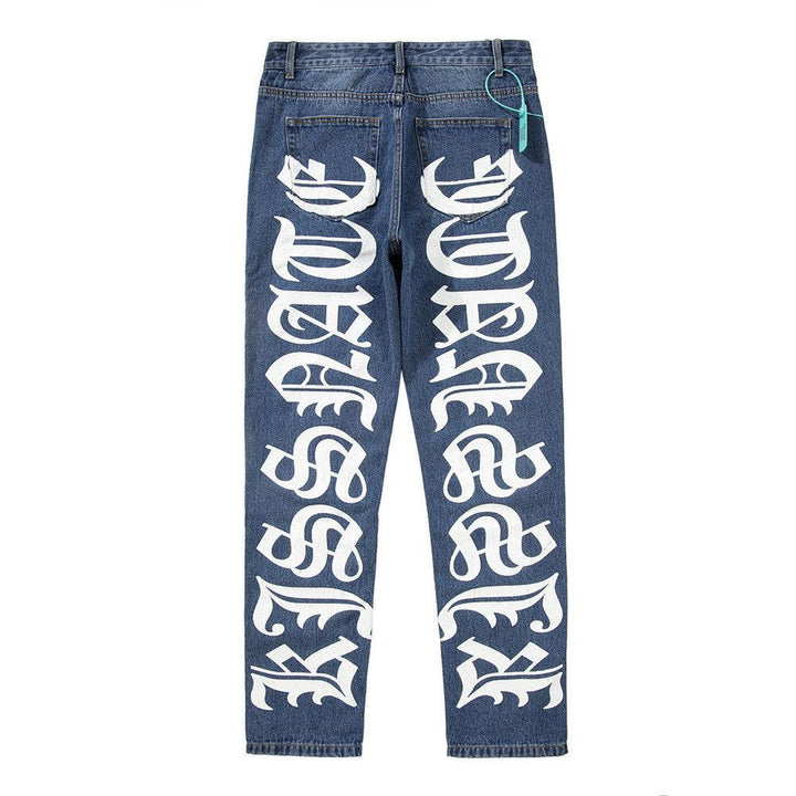 Letter Print Washed Jeans Men Ins Street Trend - Super Amazing Store