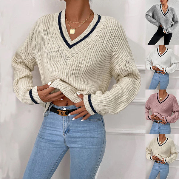 Winter Women's Knit V Neck Sweaters Casual Long Sleeve Striped Pullover Sweater - Super Amazing Store