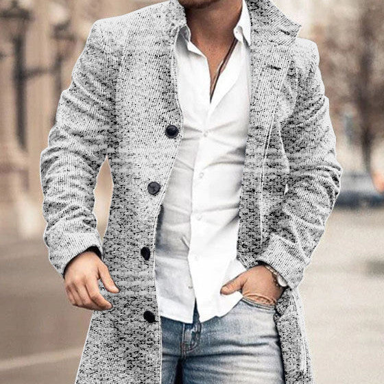 Autumn And Winter Men's Woolen Stand Collar Medium Long Pocket Casual Coat Q2