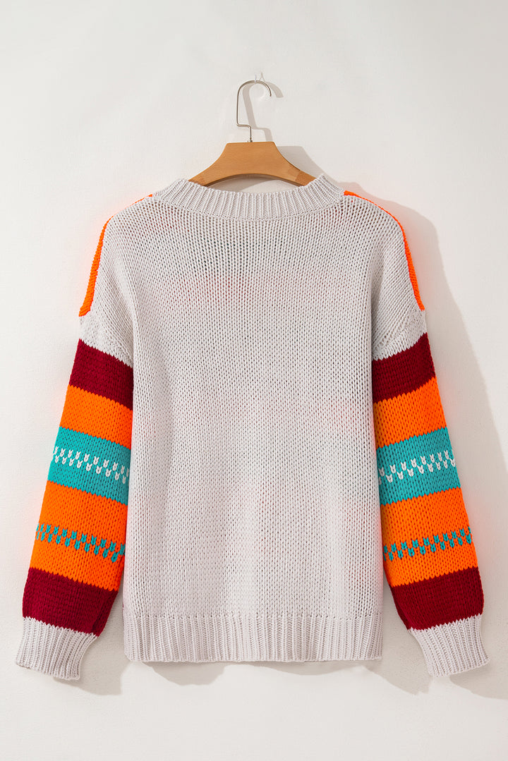 Contrast Striped Round Neck Long Sleeve Sweater Trendsi