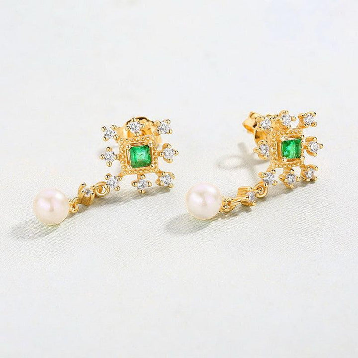 Light Luxury Niche Design Sterling Silver Pearl Earrings Emeralds - Super Amazing Store