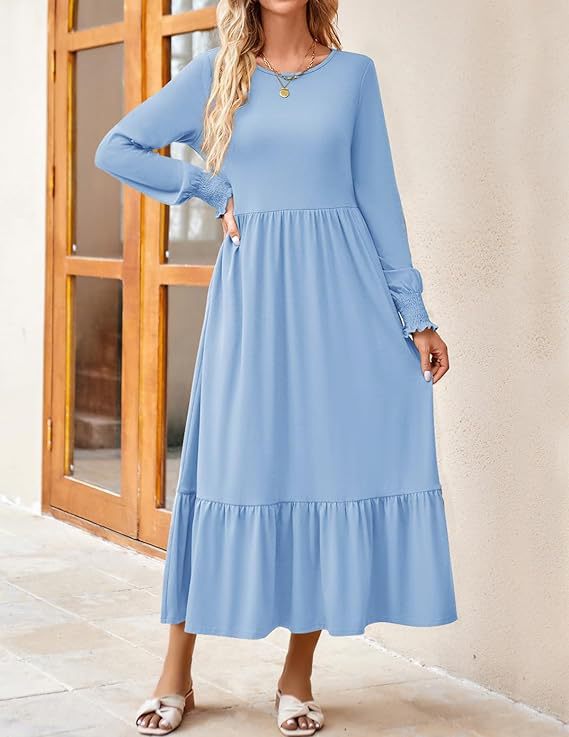 Women's Smocking Long Sleeve Round Neck Mid-length Dress Q2