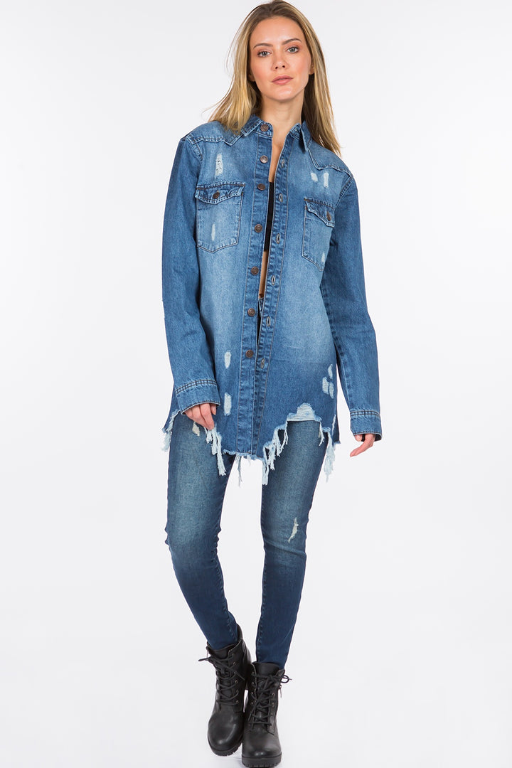 American Bazi Distressed Frayed Hem Denim Jacket Trendsi