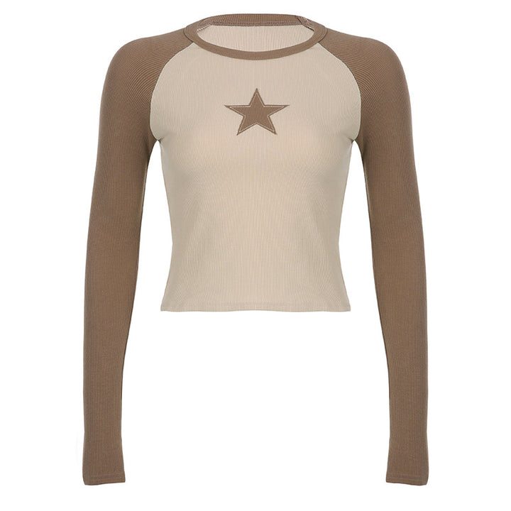 Stars Patchwork Long Sleeve T-shirts Women Slim Tops - Super Amazing Store