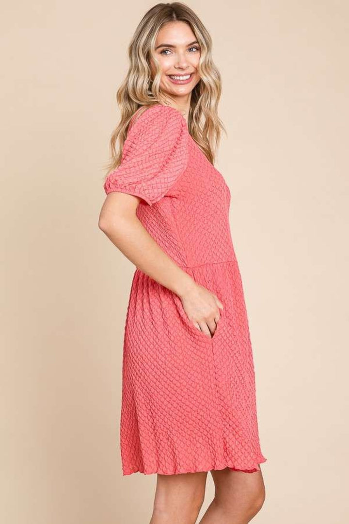 Culture Code Full Size Textured Round Neck Puff Sleeve Dress Trendsi