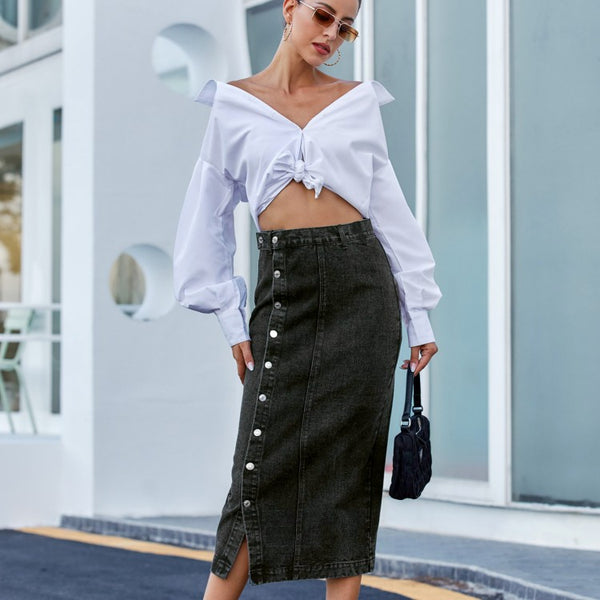 Button Irregular Slit Skirt Denim High Waist Long Skirt - Super Amazing Store