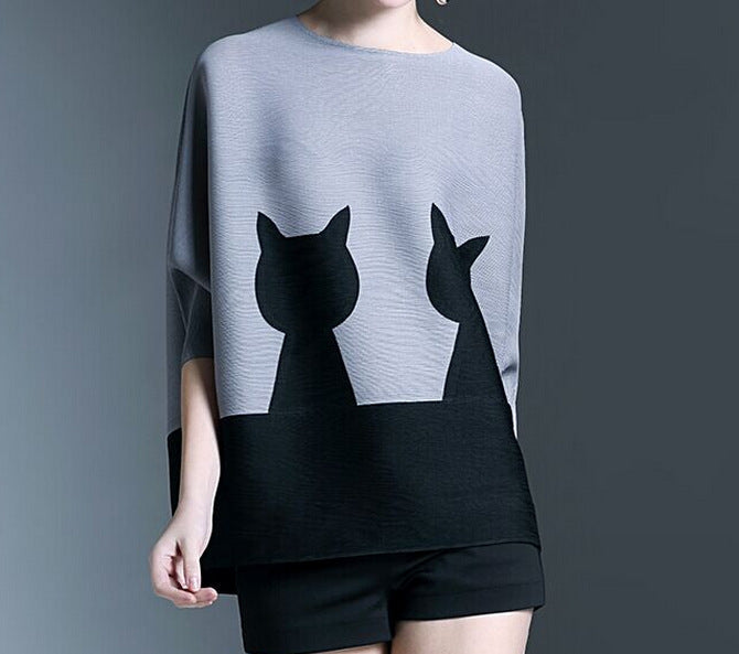 Round Neck Loose Cat Pattern Sleeves Pleated Print Tops Women - Super Amazing Store