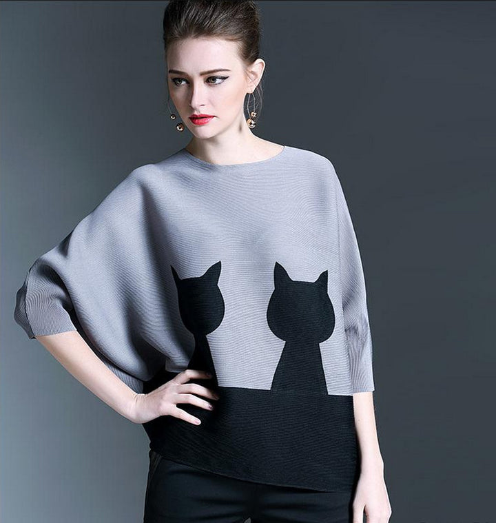 Round Neck Loose Cat Pattern Sleeves Pleated Print Tops Women - Super Amazing Store