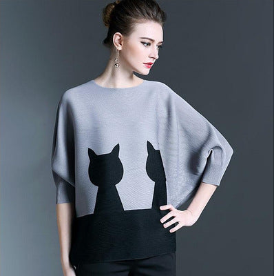 Round Neck Loose Cat Pattern Sleeves Pleated Print Tops Women - Super Amazing Store