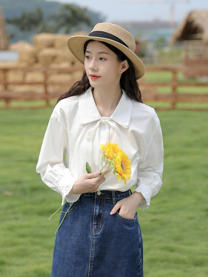 Sweet And Chic Blouse White Long-sleeved Shirt Women - Super Amazing Store