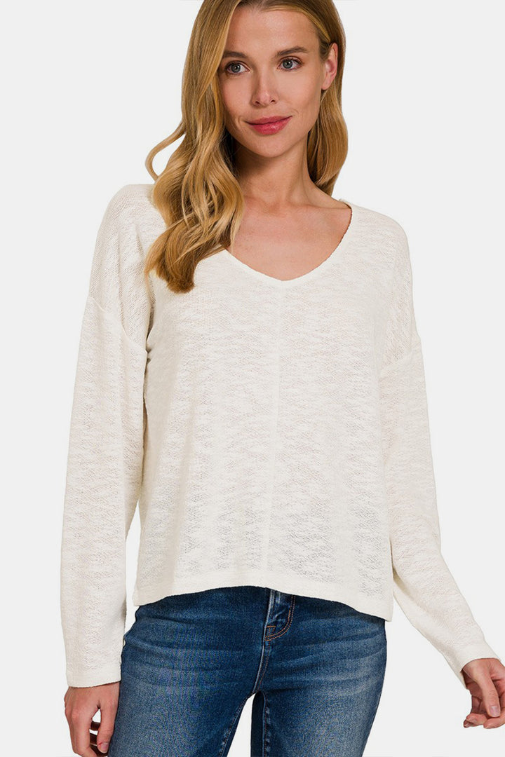 Zenana V-Neck Dropped Shoulder Long Sleeve T-Shirt Trendsi