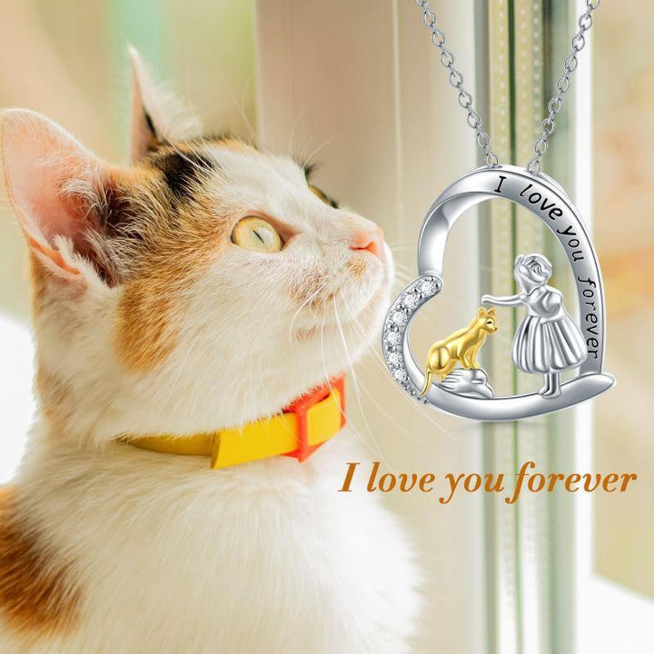 Sterling Silver Cat with A Girl I Love You Forever Necklace Jewelry - Super Amazing Store