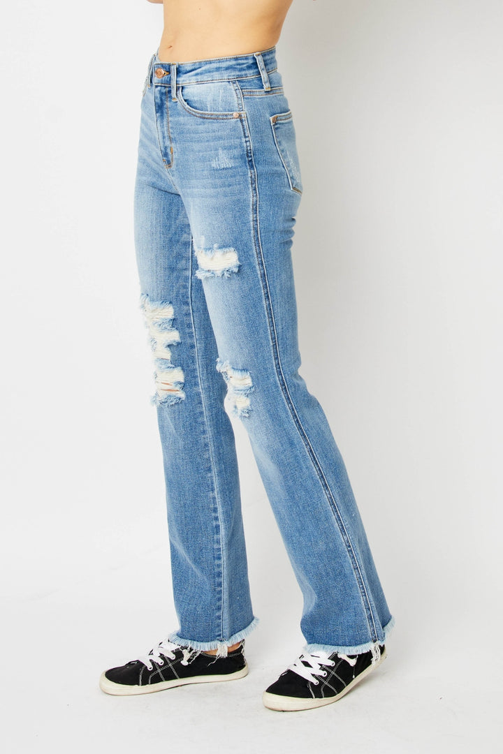 Judy Blue Full Size Distressed Raw Hem Bootcut Jeans Trendsi