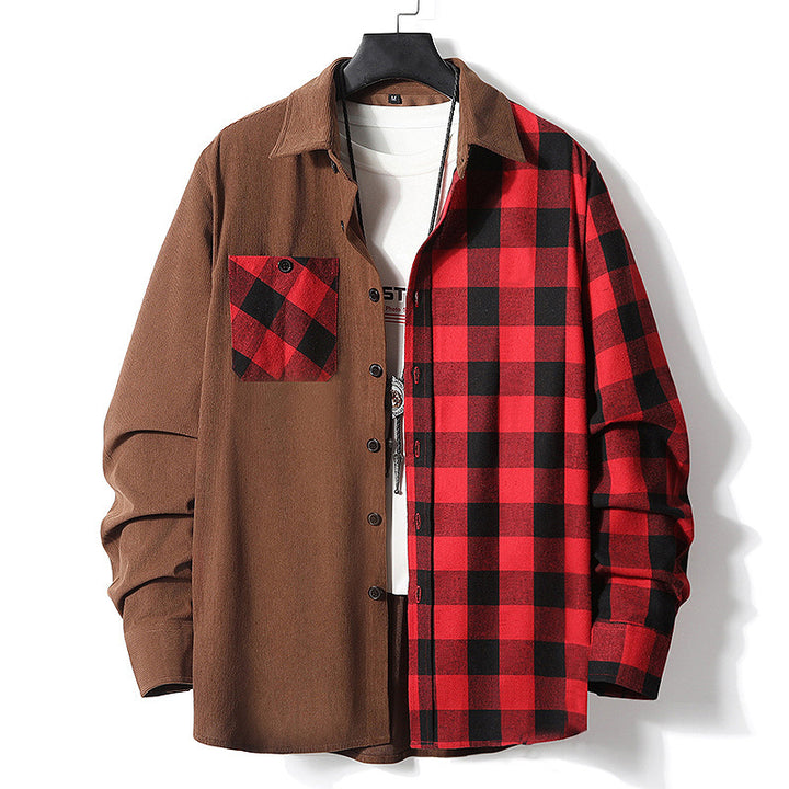 Casual Color-matching Plaid Shirt Autumn And Winter Corduroy Long-sleeved Lapel Shirt Q2