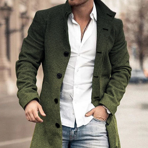 Autumn And Winter Men's Woolen Stand Collar Medium Long Pocket Casual Coat Q2