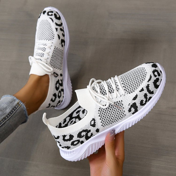 White Shoes Women Leopard Print Lace-up Sneakers Sports Q2