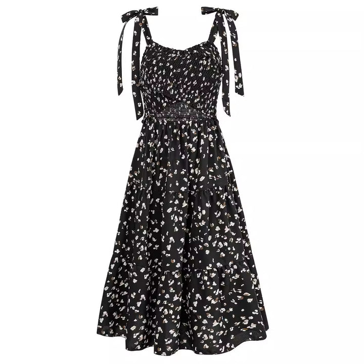 Printed Smocking Hollow Out Bundle Shoulder Strap Dress Women Q2