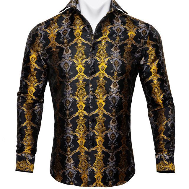 Barry.Wang Teal Paisley Floral Silk Shirts Men Autumn Long Sleeve Casual Flower Shirts For Men Designer Fit Dress Shirt BCY-05 - Super Amazing Store