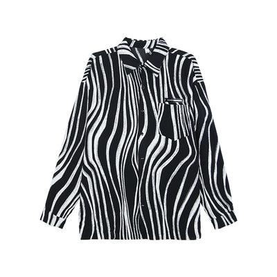 Contrasting Color Zebra Print Lapel Shirt Men's Loose Long-sleeved Shirt - Super Amazing Store