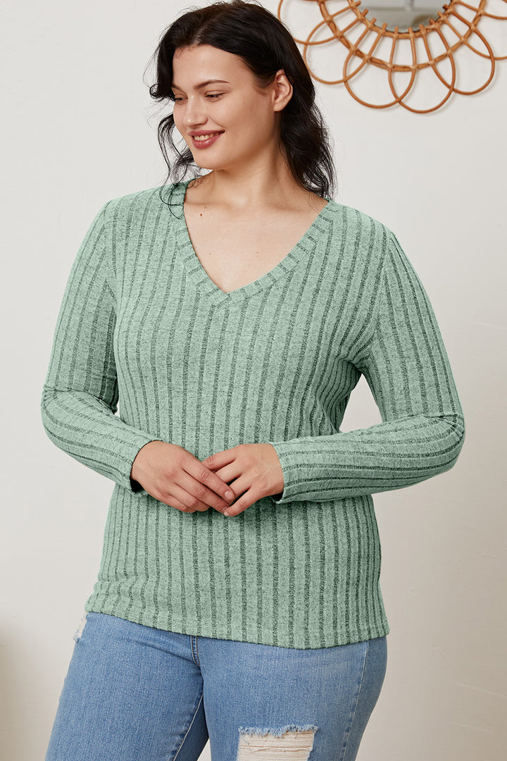 Basic Bae Full Size Ribbed V-Neck Long Sleeve T-Shirt Trendsi